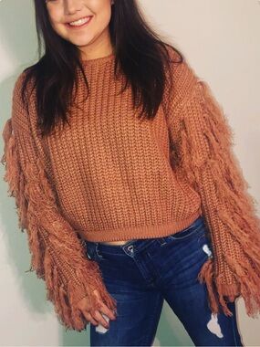 Fringe Sleeve Chunky Crewneck Sweater - Rust